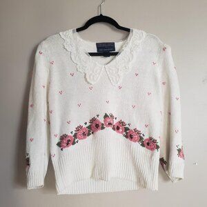 Herman Geist Md Embroidered Sweater with Lace Collar Vintage Cottagecore  ***
